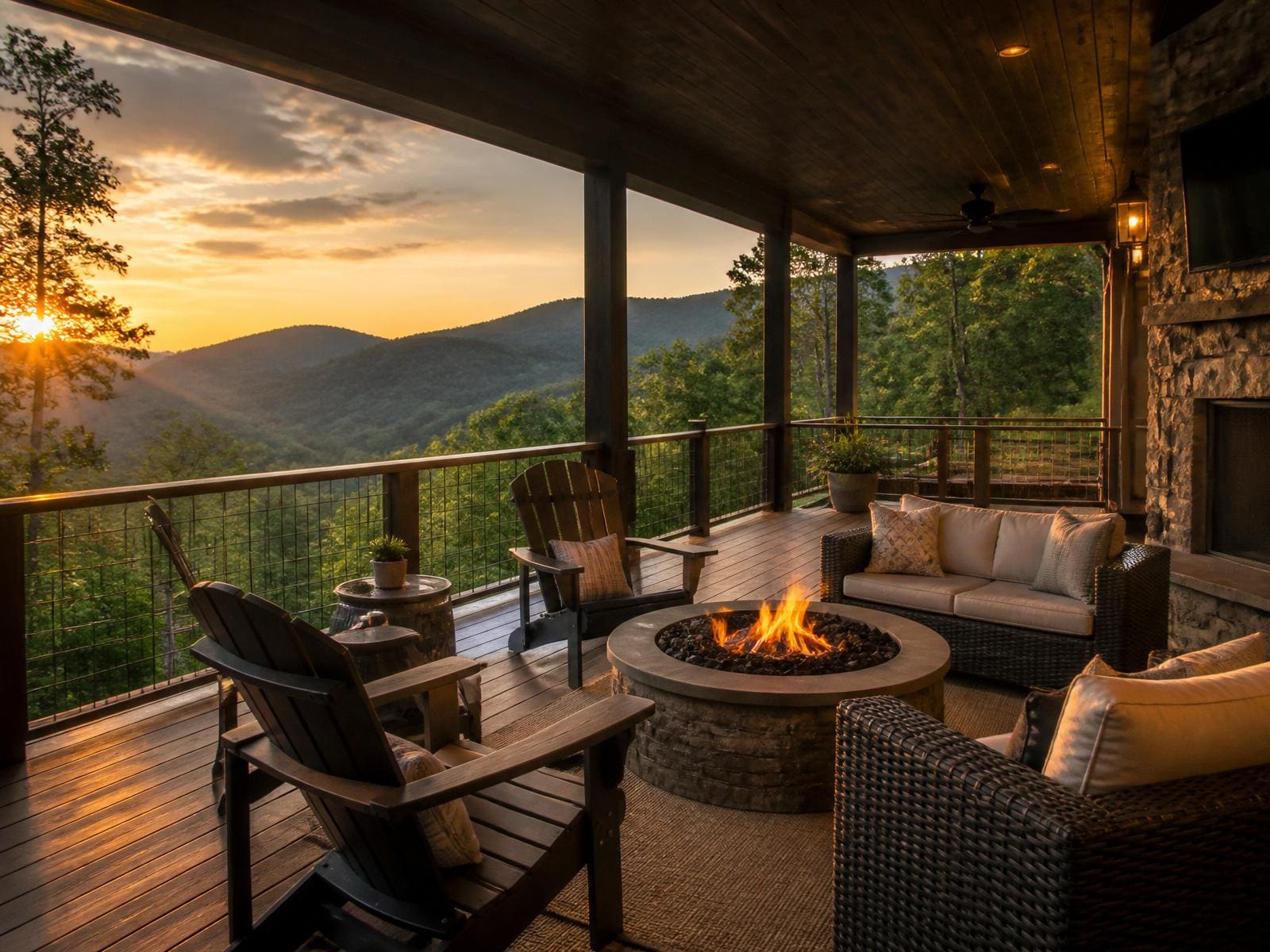 Lodge fireplace at dusk